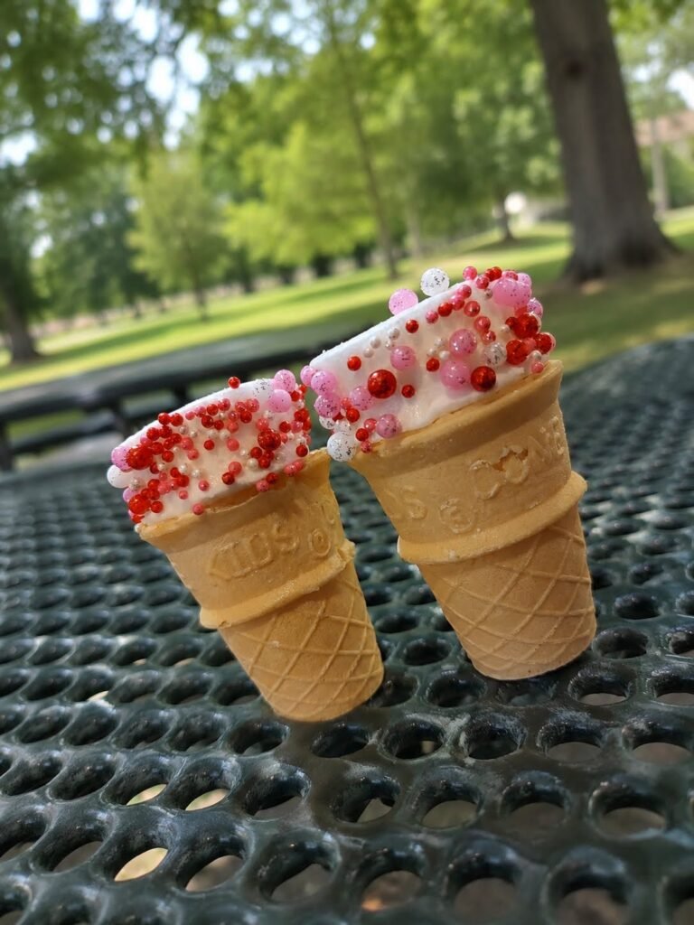 A 3 pack of miniature 2 bite ice cream cones filled with marshmallow and a hint of chocolate then topped with sprinkles.