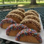 vanilla marshmallow dessert tacos with chocolate and sprinkles