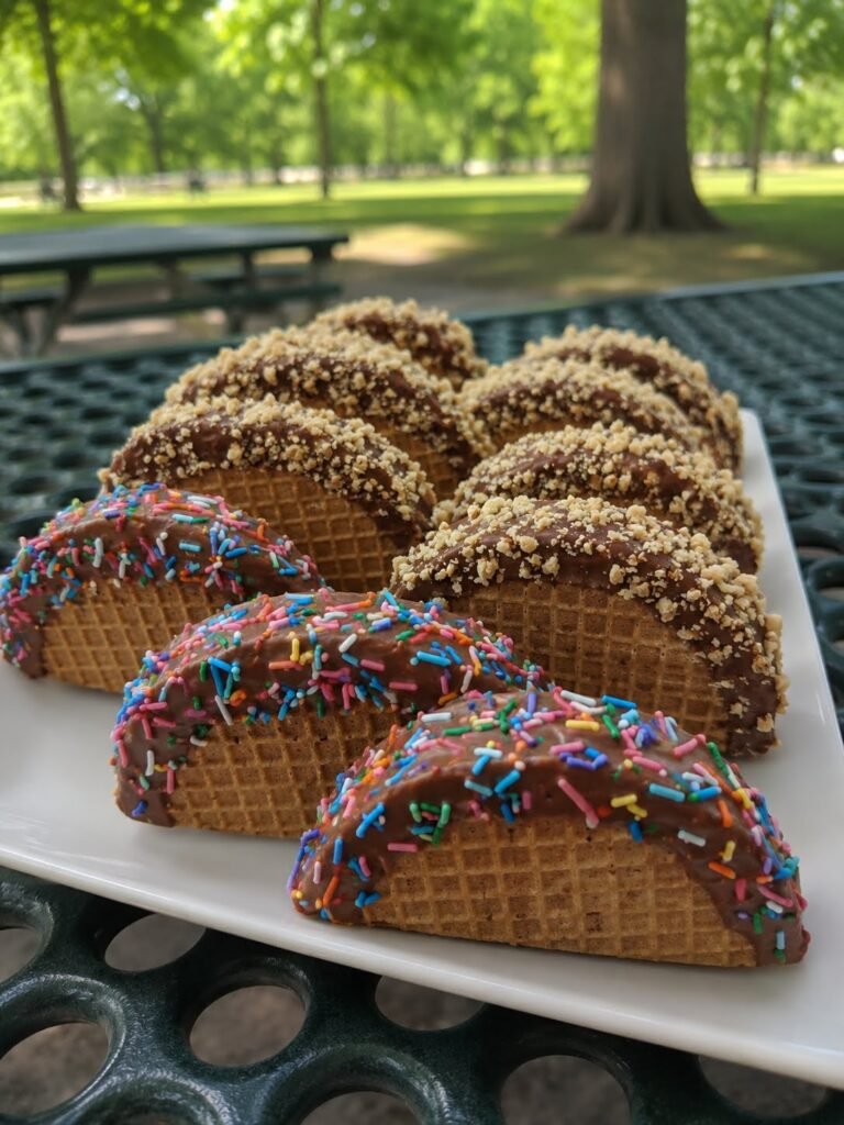 vanilla marshmallow dessert tacos with chocolate and sprinkles