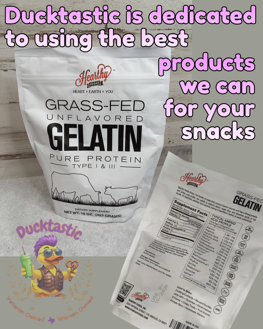 Ducktastic strives to ensure the best products available are offered in each of our creations. Pure Beef, clean, permitted ingredients are available in many of our Ducktastic options