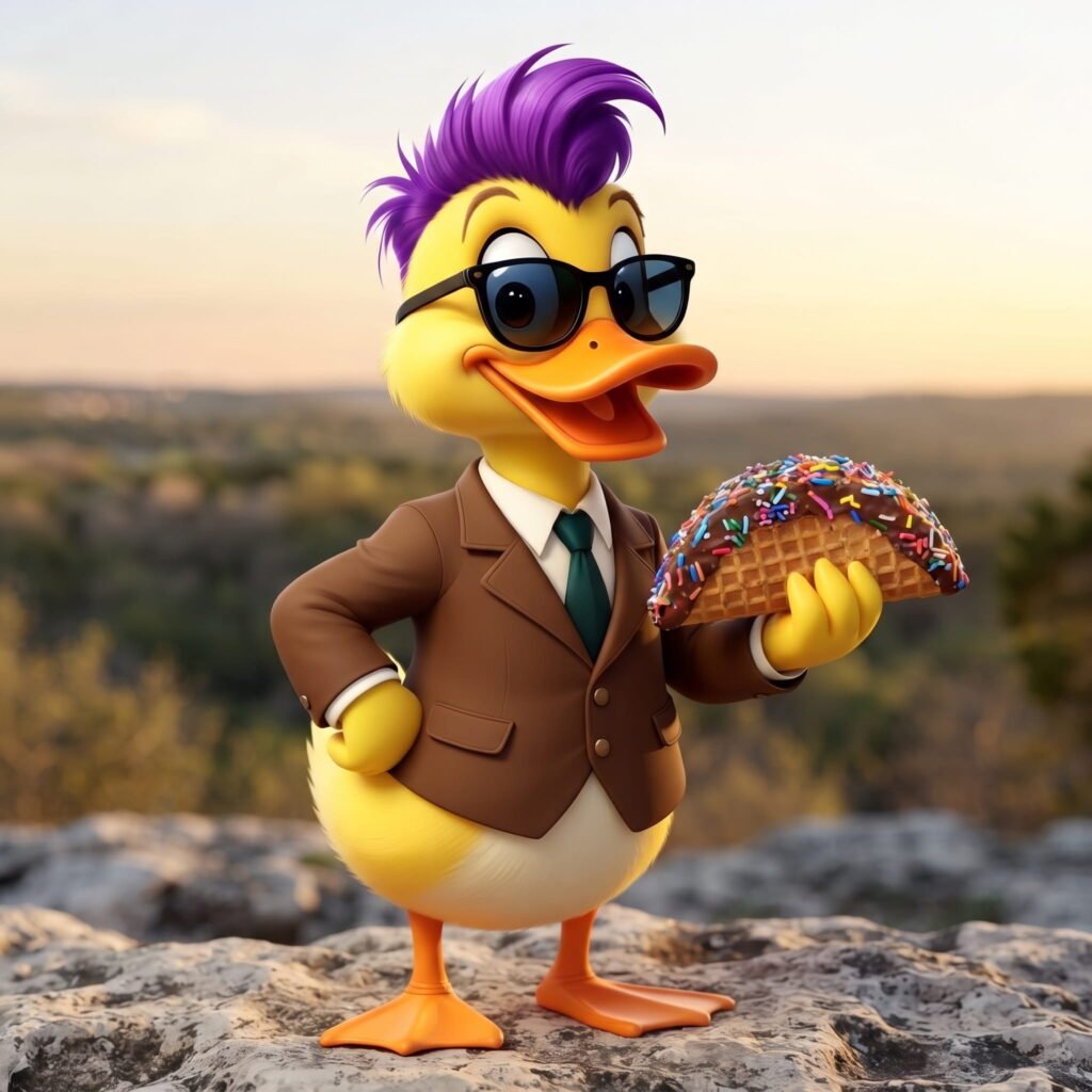 Duck E Tastic with one of his most prized inventions: the Chocolate S'mores Marshmallow Taco